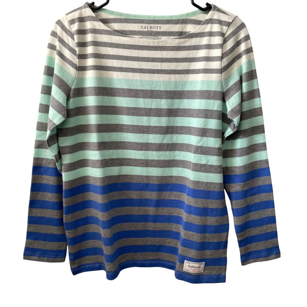 🌊 Talbots Petite 100% Cotton Tee – Nautical Blue & Mint Vibes! NWT